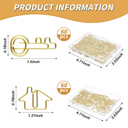 Hesena 120 Pcs Paper Clip Set, 60 Pcs House & 60 Pcs Key Shaped Paperclips for Office, Real Estate Agent,Realtors Gifts (Gold)