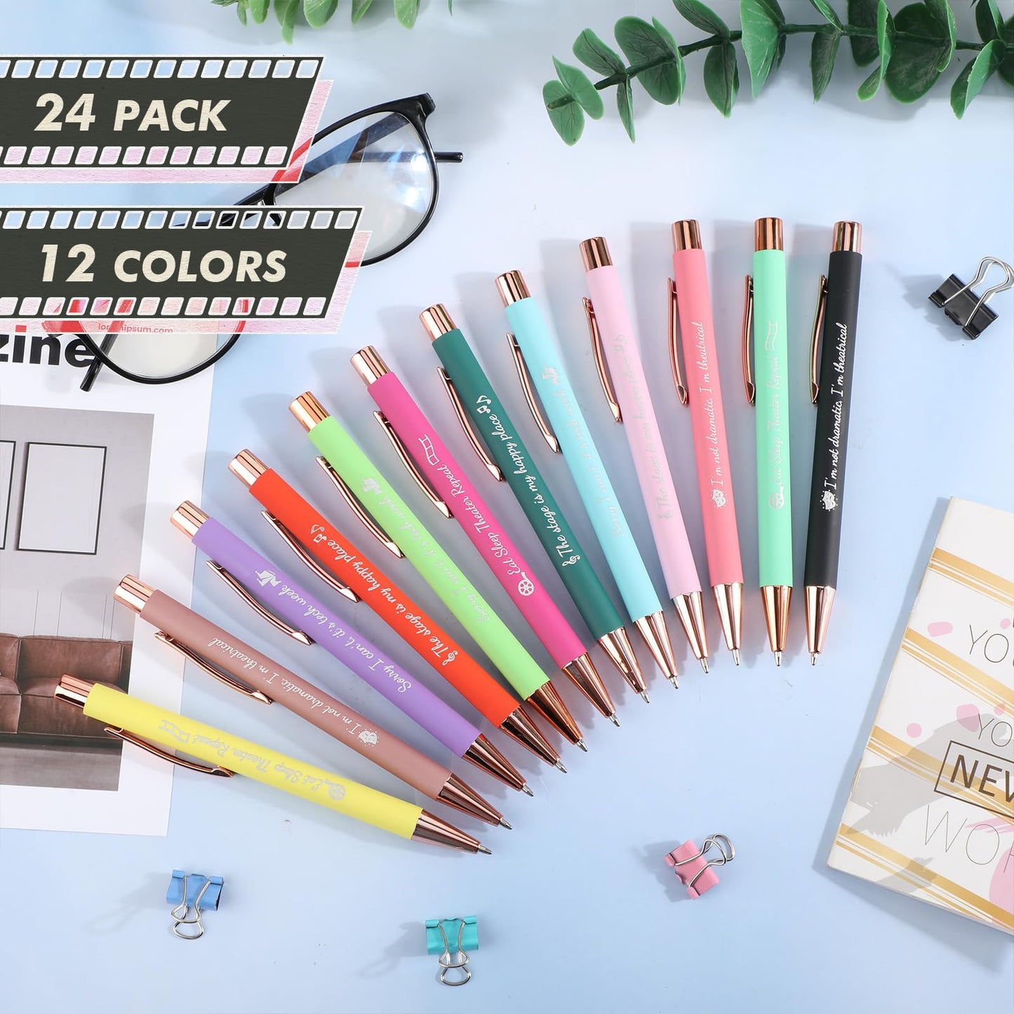 Sayglossy 24 Pack Theater Gifts for Women Men, Ballpoint Pen Set with Quotes, Funny Theater Actor Gifts for Musical Broadway Theatre Lovers Friends, Actors (Retro)