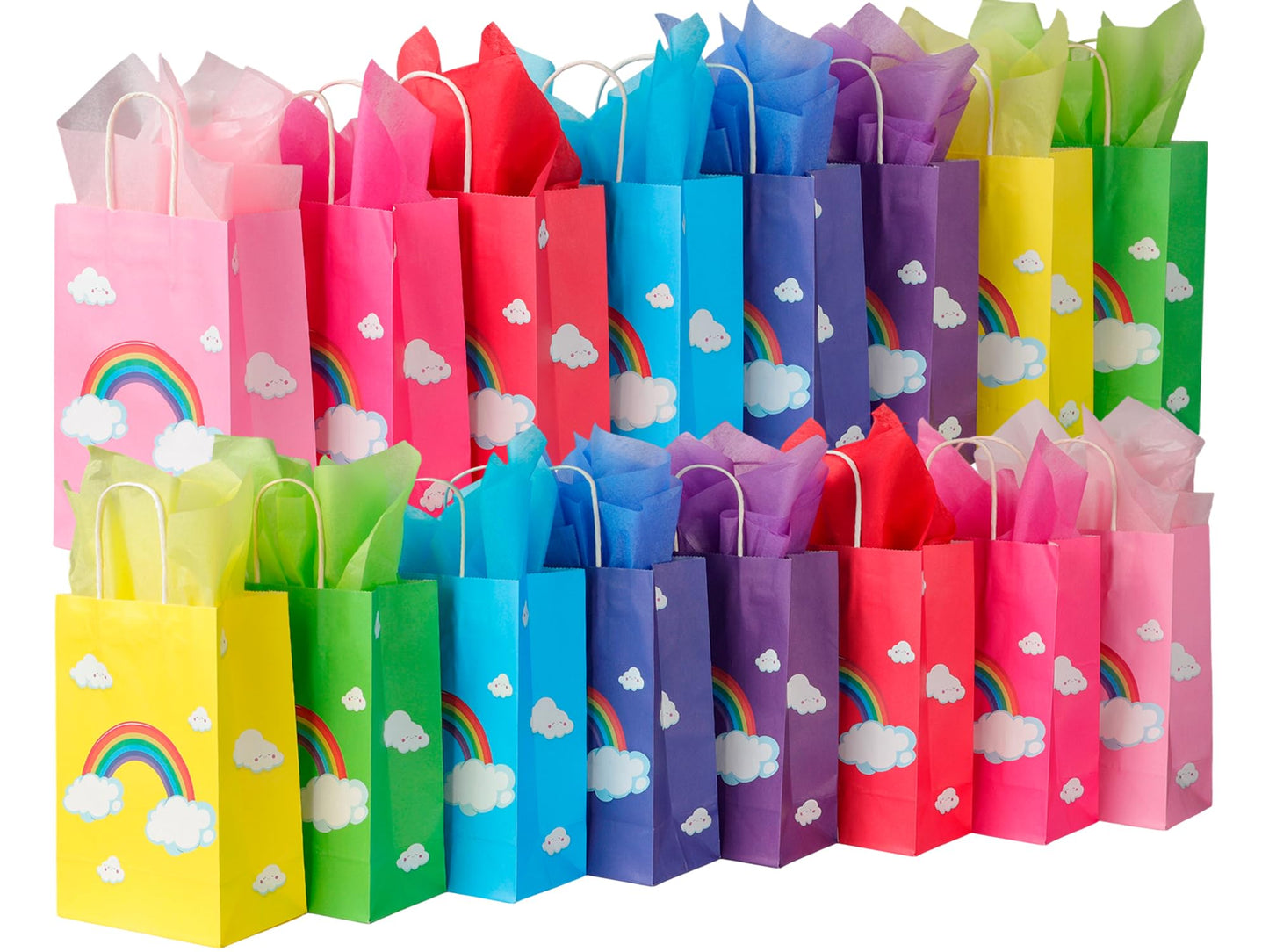 BLEWINDZ 32 Pcs Rainbow Goodie Bags with 32 Tissues - 8.7" Small Gift Bags with Handles for Kids Birthday Party Favors, Baby Showers and Party Supplies