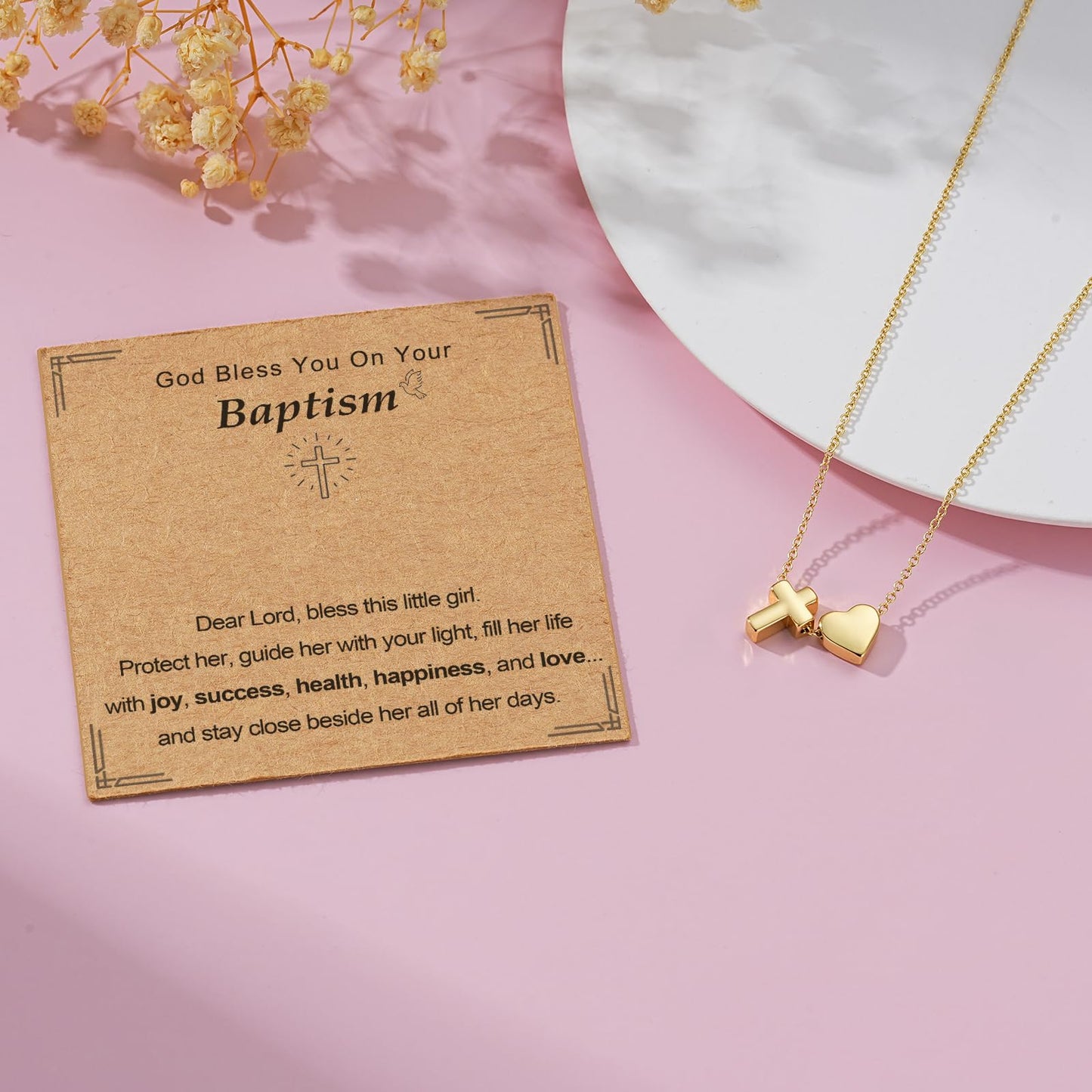 Confirmation First Communion Baptism Gifts for Girls, 14K Gold Plated Heart Cross Necklace for Daughter Granddaughter Niece Sister Christian Religious Gifts 16+3 Inches
