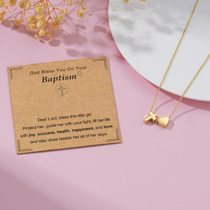Confirmation First Communion Baptism Gifts for Girls, 14K Gold Plated Heart Cross Necklace for Daughter Granddaughter Niece Sister Christian Religious Gifts 16+3 Inches