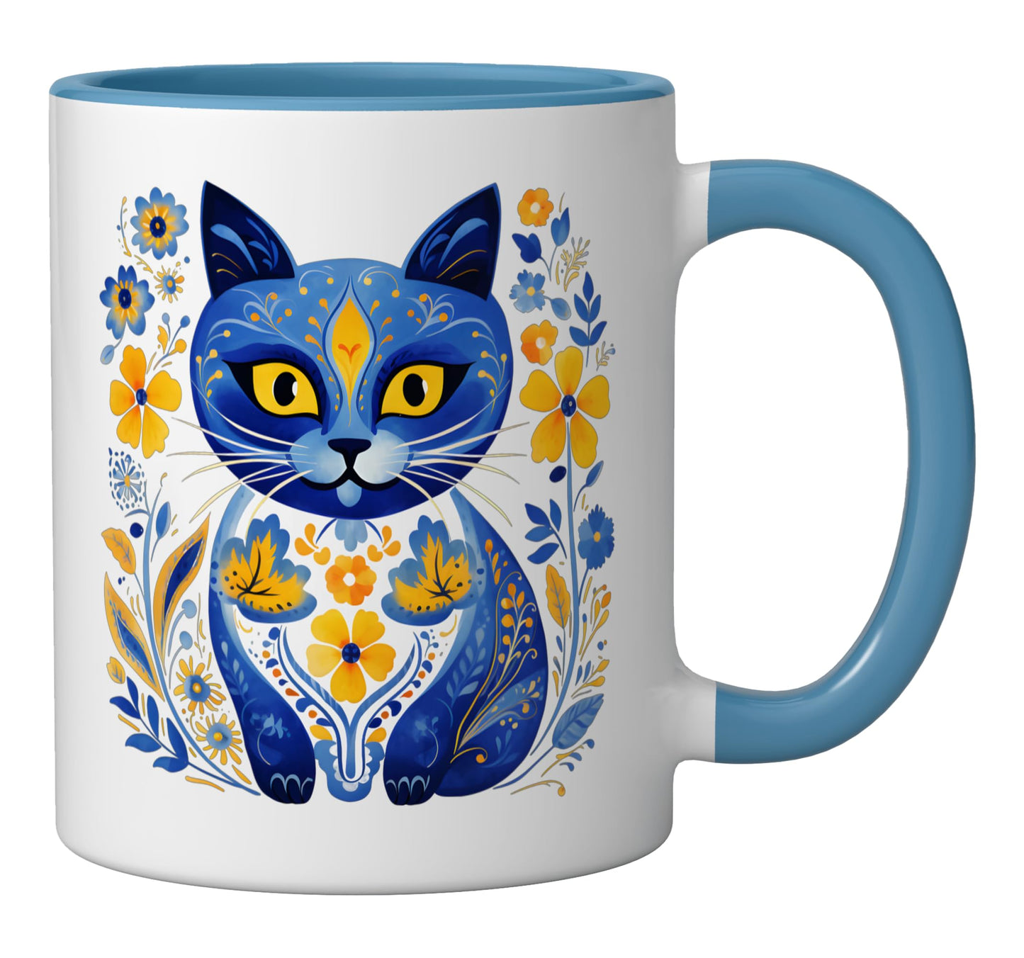 Ukraine Cat Floral Vintage Ukrainian Flag Vyshyvanka Style Ceramic Mug, Blue/White
