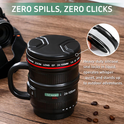 Cabtnca 16Oz Camera Lens Coffee Mug, Cool Photography Gifts for Photographers Christmas, Funny Ceramic Coffee Mug with Lid and Handle