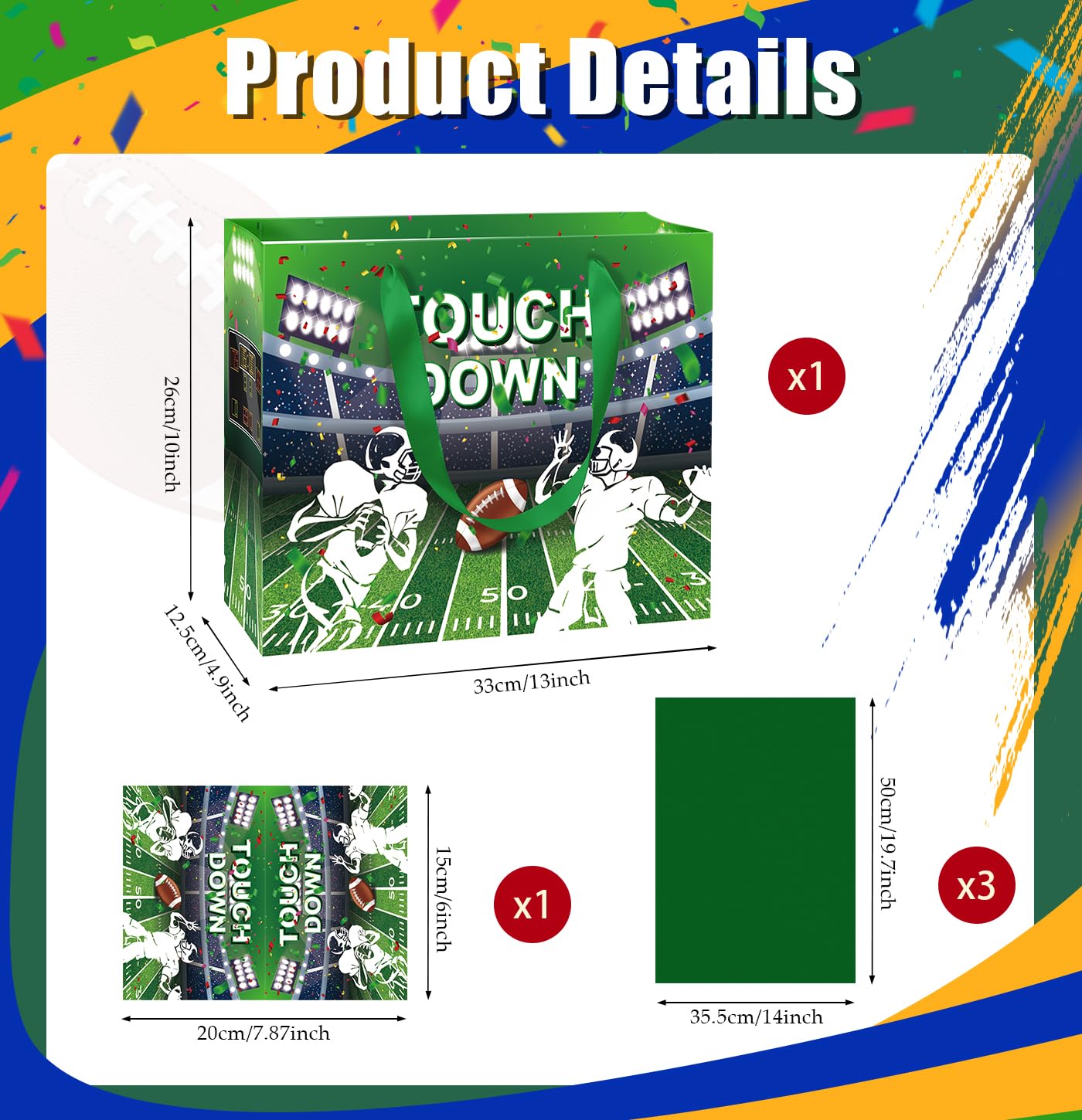 MUNILAIL 13 Inches Football Gift Bag Large Gift Bag with Handle Tissue Paper and Greeting Card for Birthday Baby Shower Football Themed Party Large Paper Gift Bag