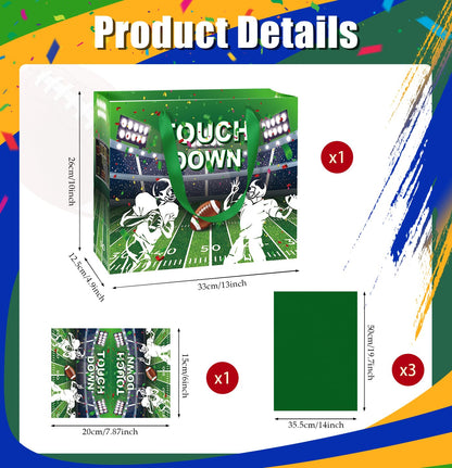 MUNILAIL 13 Inches Football Gift Bag Large Gift Bag with Handle Tissue Paper and Greeting Card for Birthday Baby Shower Football Themed Party Large Paper Gift Bag