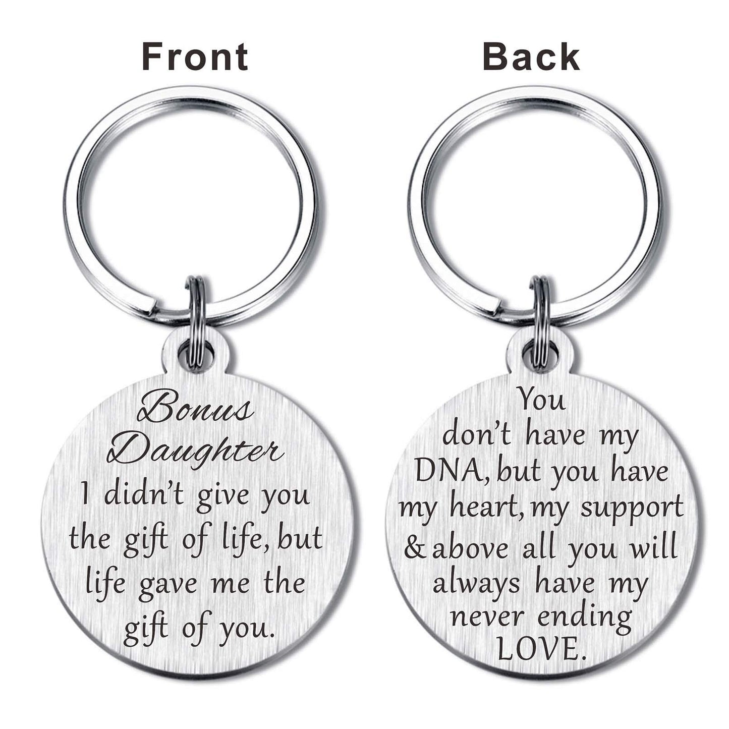 Bonus Daughter Gifts, Mothers Day Stepdaughter Keychain for Graduation Christmas Birthday, Metal Engraved