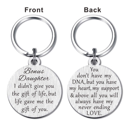 Bonus Daughter Gifts, Mothers Day Stepdaughter Keychain for Graduation Christmas Birthday, Metal Engraved