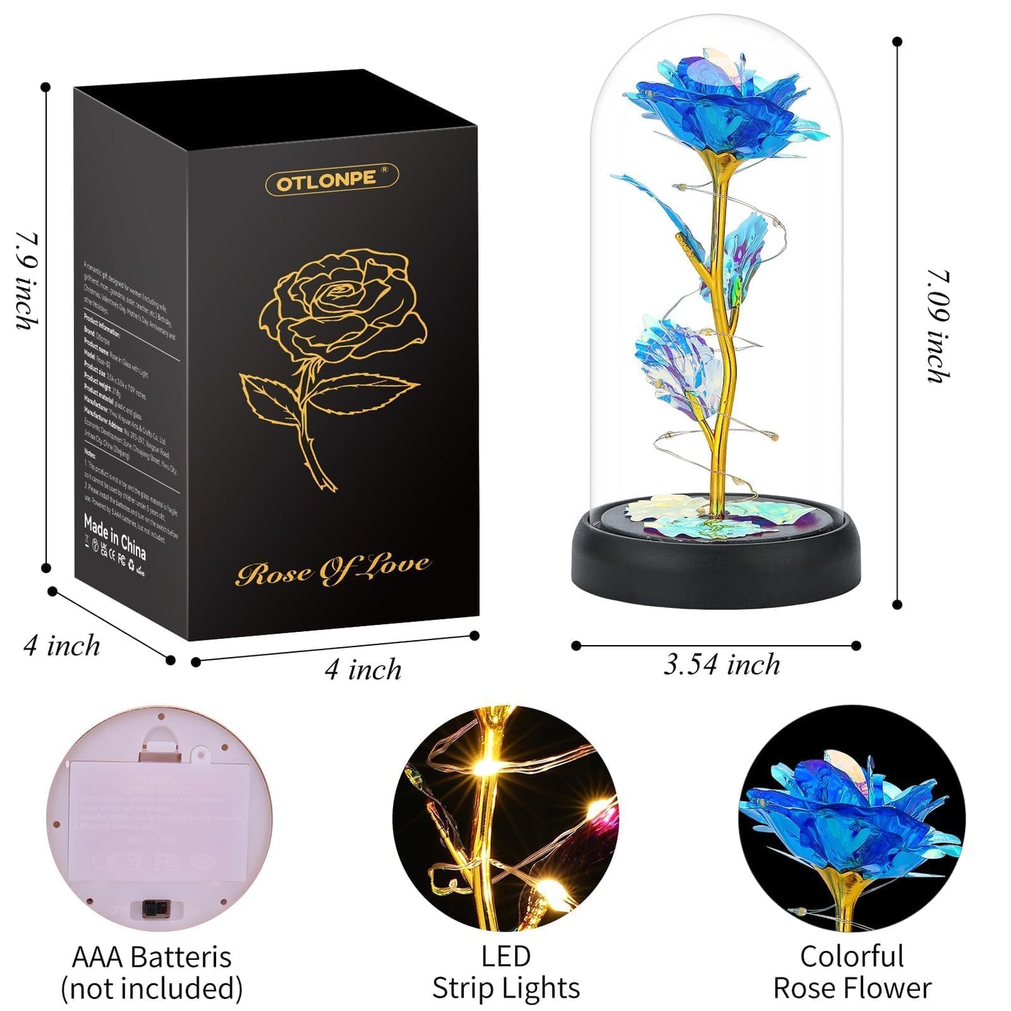 Otlonpe Mothers Day Flowers Gifts for Mom from Daughter Son, Preserved Forever Glass Light Up Rose Gifts for Grandma Wife Women Girlfriend Sister, Teacher Appreciation Graduation Gift for Her (Blue)