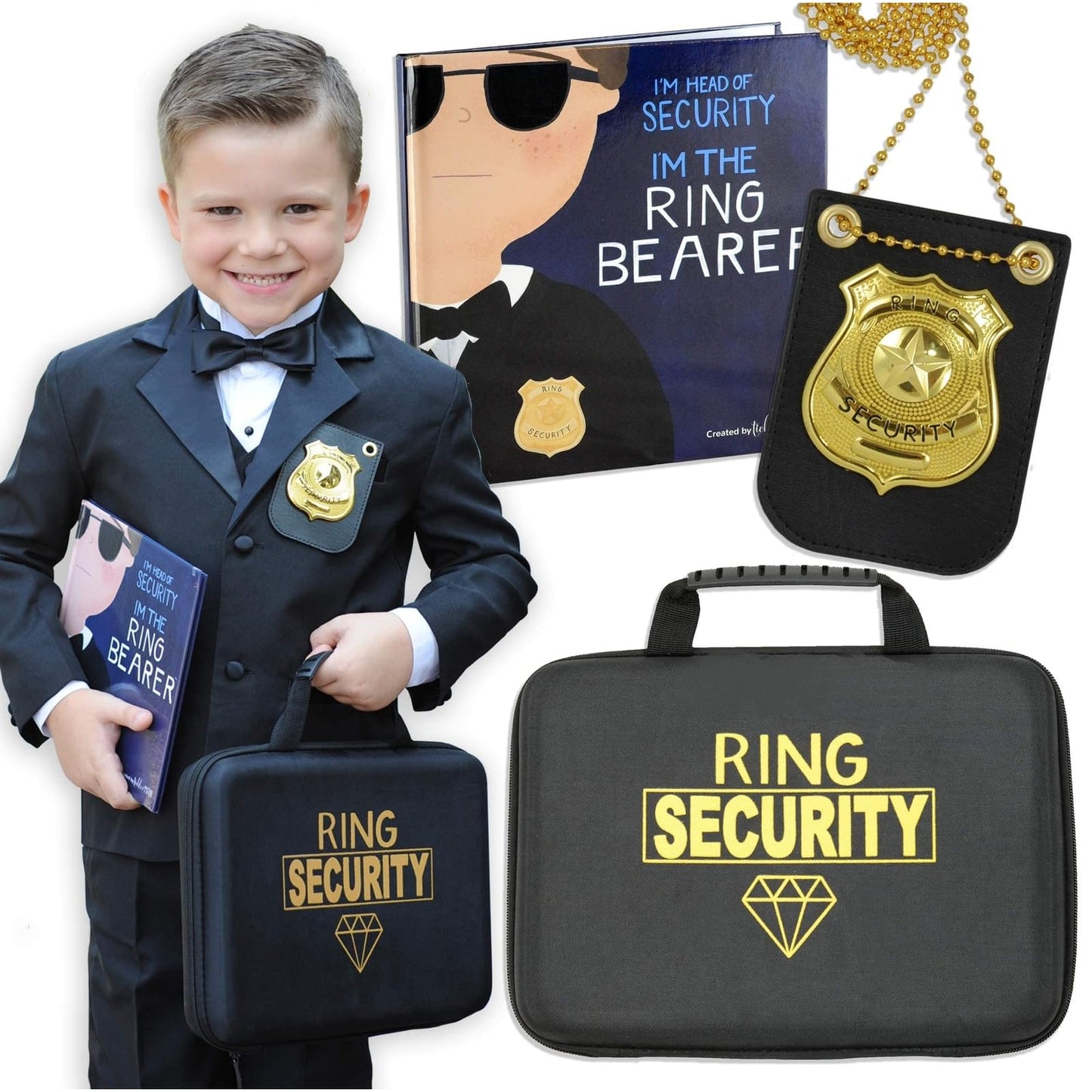 Tickle & Main Ring Bearer Proposal Gift Set - Youth S/M, Ages 4 & Up, Black Polyester - Includes Storybook, Leather Badge & Security Briefcase - Kids Ring Bearer Gifts