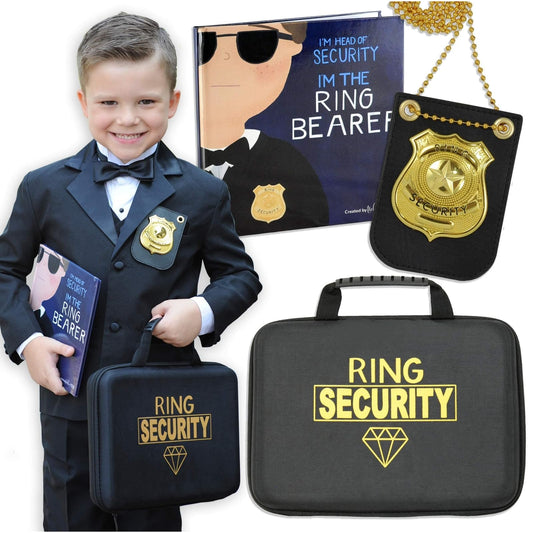 Tickle & Main Ring Bearer Proposal Gift Set - Youth S/M, Ages 4 & Up, Black Polyester - Includes Storybook, Leather Badge & Security Briefcase - Kids Ring Bearer Gifts