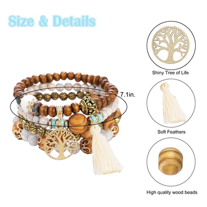 Tree of Life Bracelets for Women Bohemian Stretch Wood Beaded Bracelets for Women Boho Tassel Bracelet Multilayer Stackable Bracelets Christmas Birthday Jewelry for women.