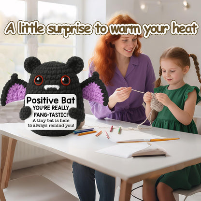 Positive Energy Crochet Bat Gift with Inspiring Affirmation Card, Handmade Emotional Support Bat, Thoughtful Stress Relief Present for Women and Men, Cute Birthday and Office Desk Décor