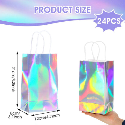 Abeillo 24 Pcs Reusable Paper Gift Bags with Handle, Iridescent Gift Bag Glossy Holographic Goodie Bag Gift Handbag Bulk for Baby Shower Christmas Birthday Party Favor, 8.3 x 4.7 x 3.1 Inch