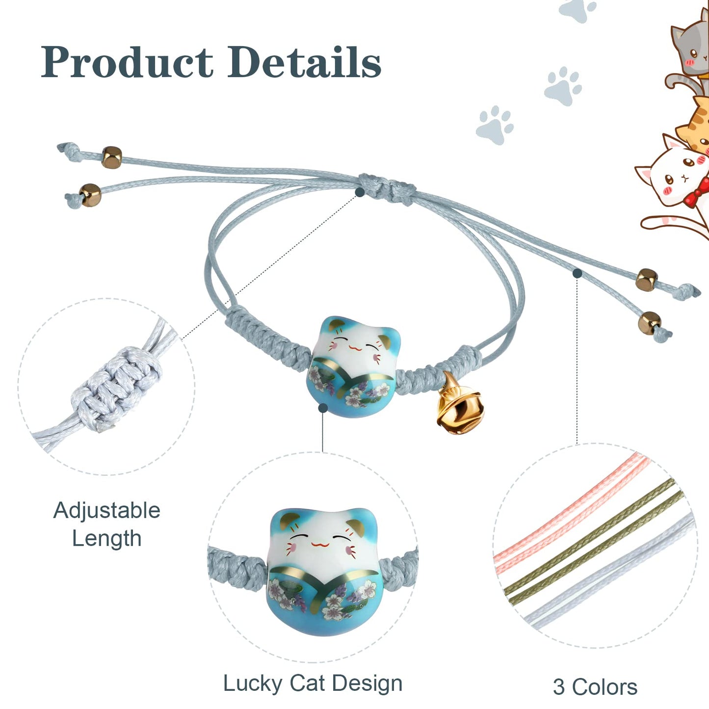 Sureio 3 Pieces Cat Maneki Neko Bracelet Cute Lucky Cat Ceramic Beads Bracelet Lucky Japanese Fortune String Hand Chain with Bell, Adjustable