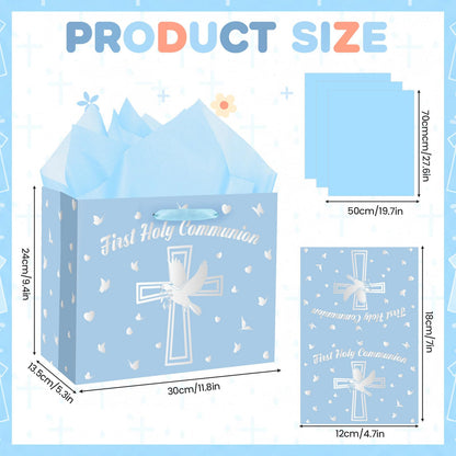 Yomaiha Blue First Holy Communion Gift Bag with Wrapping Paper and Greeting Card, Silver Cross Gift Bag with Pigeon Design Christian Religious Wrapping Paper Bag for Baby Boy Baptism Party Supplies