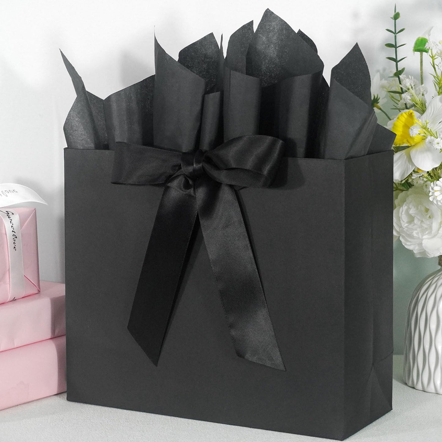 Elegant Black Gift Bag 11.8"x4.5"x9.8" with Ribbons Handles, Includes Card and Tissue for Weddings, Birthdays, Baby Shower Parties, Holidays