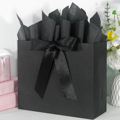 Elegant Black Gift Bag 11.8"x4.5"x9.8" with Ribbons Handles, Includes Card and Tissue for Weddings, Birthdays, Baby Shower Parties, Holidays