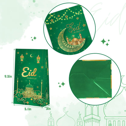 KALEFO 24 PCS Eid Mubarak Favor Gift Bags Ramadan Muslim Party Supplies Goodie Treat Bags for Candy Table Decorations Eid Birthday Celebrations Green