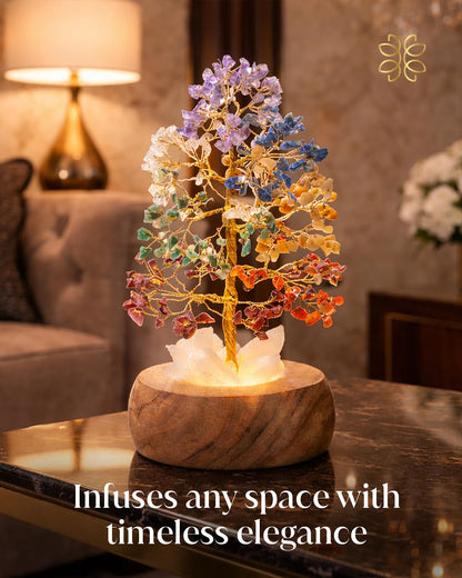 7 Chakra Crystal Tree of Life with LED Light, Handcrafted Gemstone Bonsai with Quartz Crystal Base & Acacia Wood Stand, Spiritual Home & Office Décor, Gift for Women,