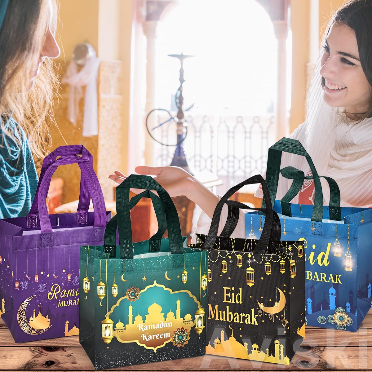 Aviski 4PCS Eid Mubarak Reusable Gift Bags, Treat Bags with Handles, Ramadan Mubarak Party Bags, Multifunctional Non-Woven Eid Bags for Gifts Wrapping, Ramadan Kareem Party Supplies, 9.2"×8.7"×4.3"