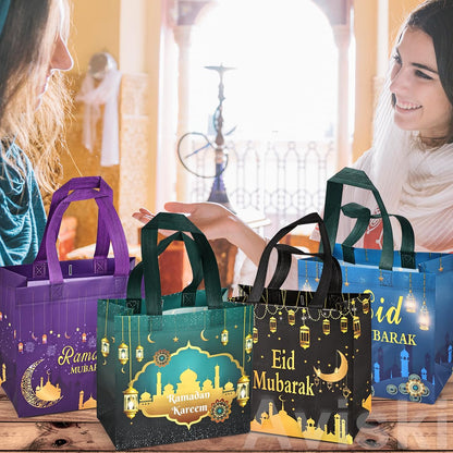 Aviski 4PCS Eid Mubarak Reusable Gift Bags, Treat Bags with Handles, Ramadan Mubarak Party Bags, Multifunctional Non-Woven Eid Bags for Gifts Wrapping, Ramadan Kareem Party Supplies, 9.2"×8.7"×4.3"