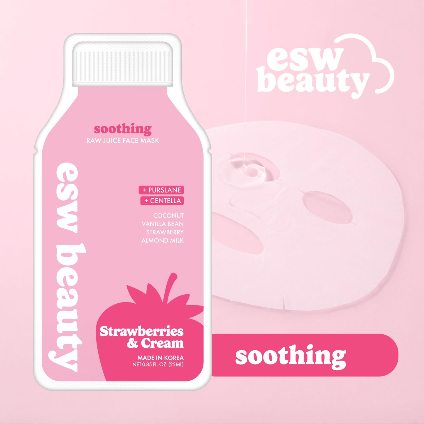 ESW Beauty Strawberries & Cream Soothing Korean Face Mask – Vitamin C, Centella & Vitamin E for Sensitive Skin, Hydration & Barrier Support – Skincare Gifts for Women