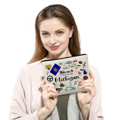 Take Me To Michigan Makeup Bag Michigan Travel Gift Small Canvas Organizer Bag with Zipper Cosmetic Bag Travel Present for Women Friends Families