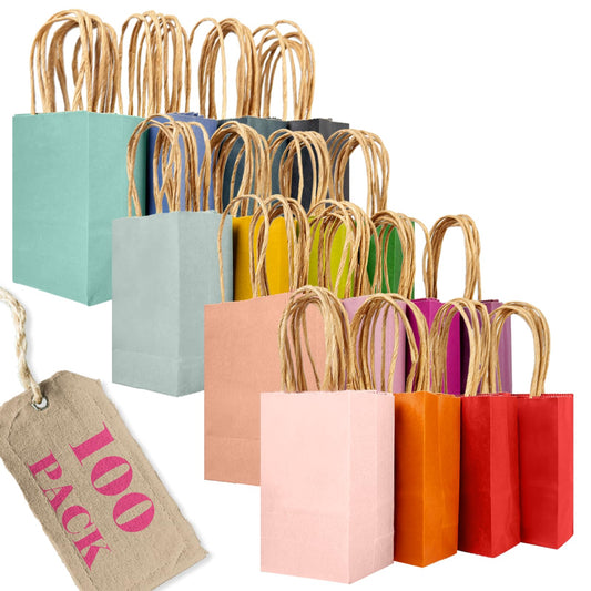 qiqee 100Pcs Mini Size Paper Gift Bags with Handles - 4.5"×2.5"×6" Kraft Small Party Bags - 16 Solid Colors