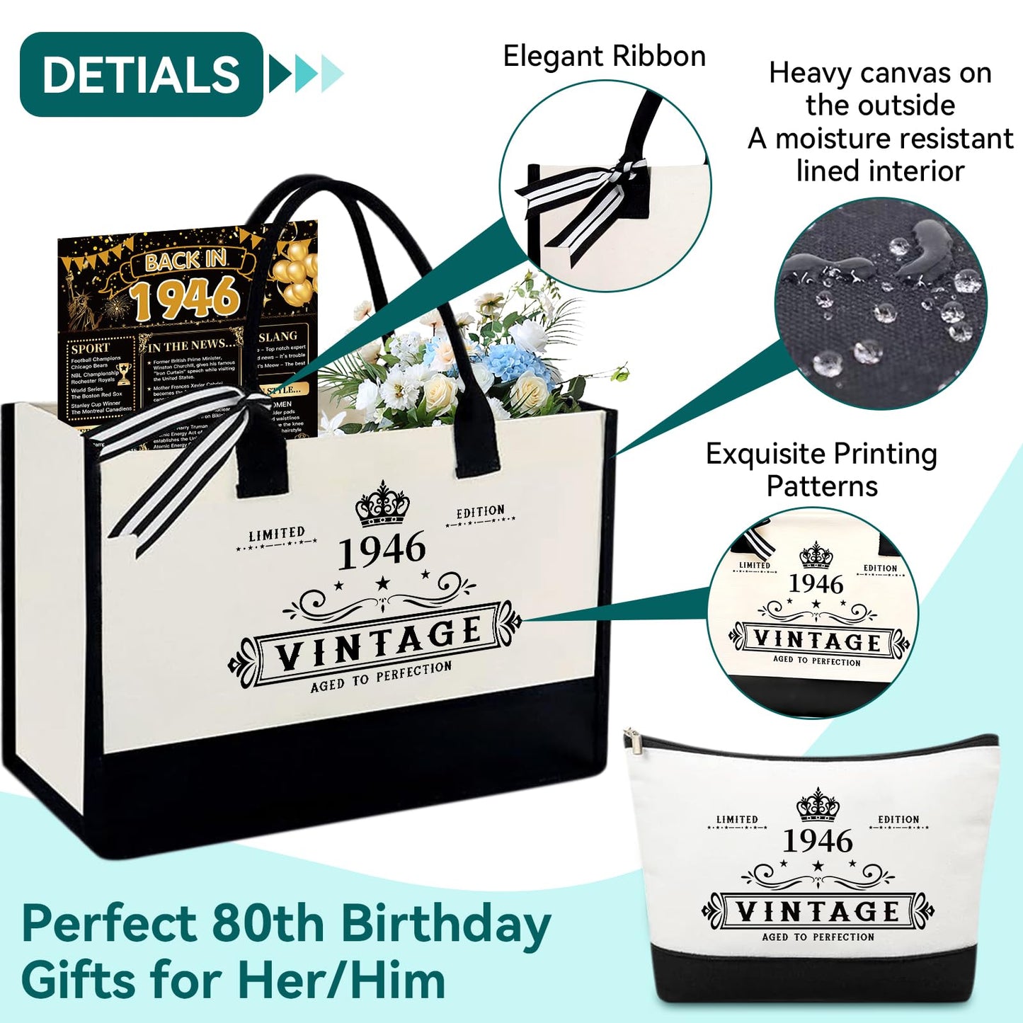 80th Birthday Gifts for Women Her- 4 pcs, Turning 80 Year Old Gifts, Decorations Canvas Beach Tote Bag & Makeup Bag, Unique Happy 80th Present for Her Mom Wife Friends
