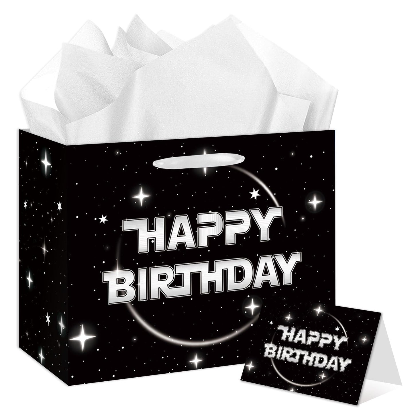 Anyangzhao Space Galaxy Birthday Gift Bag, Black Happy Birthday Gift Bag, with Greeting Card and Tissue Paper, Galaxy Party Favors Bag for Kids, Boys, Baby Shower, Star Theme Party Supplies