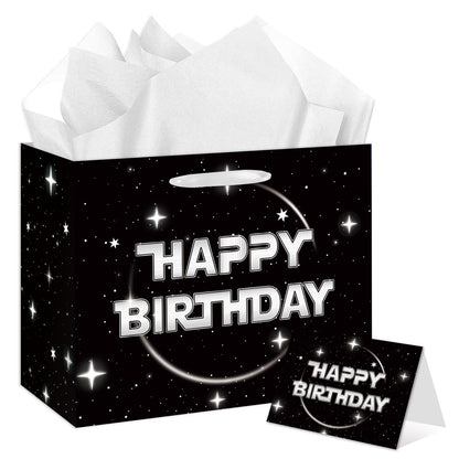 Anyangzhao Space Galaxy Birthday Gift Bag, Black Happy Birthday Gift Bag, with Greeting Card and Tissue Paper, Galaxy Party Favors Bag for Kids, Boys, Baby Shower, Star Theme Party Supplies