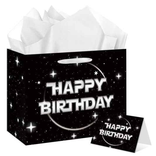 Anyangzhao Space Galaxy Birthday Gift Bag, Black Happy Birthday Gift Bag, with Greeting Card and Tissue Paper, Galaxy Party Favors Bag for Kids, Boys, Baby Shower, Star Theme Party Supplies