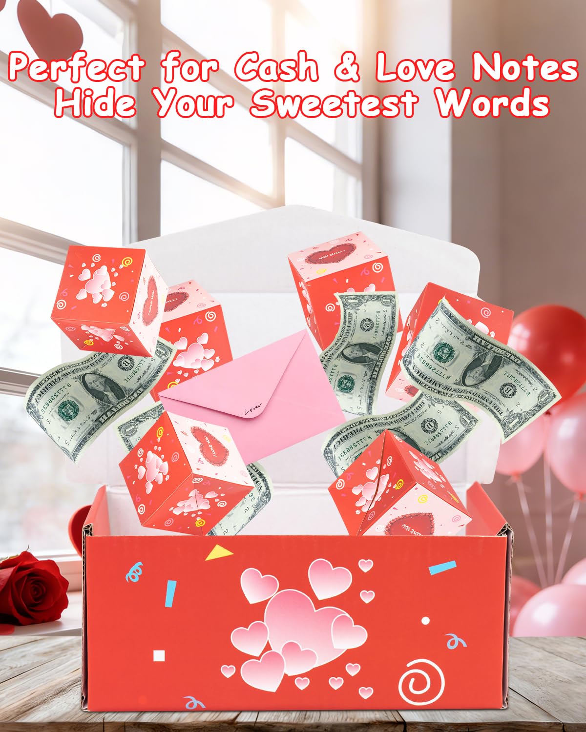 ASSRECT Exploding Gift Box Valentine's Day, Birthday Surprise Box Pop Up with 12 Money Holders, ReusableDate Gift Box for Mom Father Wife Friend Valentine's Day, Confession, Proposal, Cash, Gifts, Birthday, Party supplies (Pink)