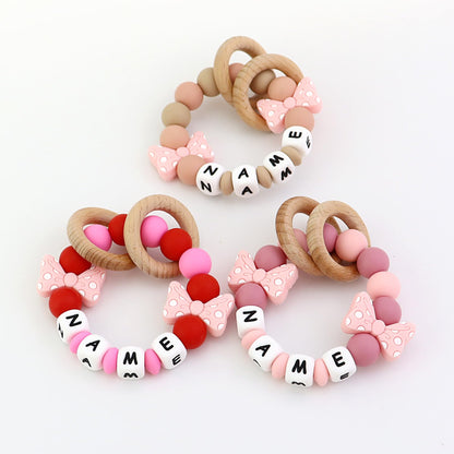 Personalized Baby Teether Ring with Name Custom Silicone Rattle Teething Bracelet with Natural Beech Wood Customizable Toddler Newborn Baby