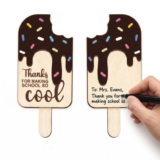 School is Cool Set 2 Pieces 3D Wooden Ice Cream Teacher Gift Card Holder, Teacher Appreciation Gift, Thank You Keepsake for Educators, End of Year & Back to School Surprise (Chocolate)