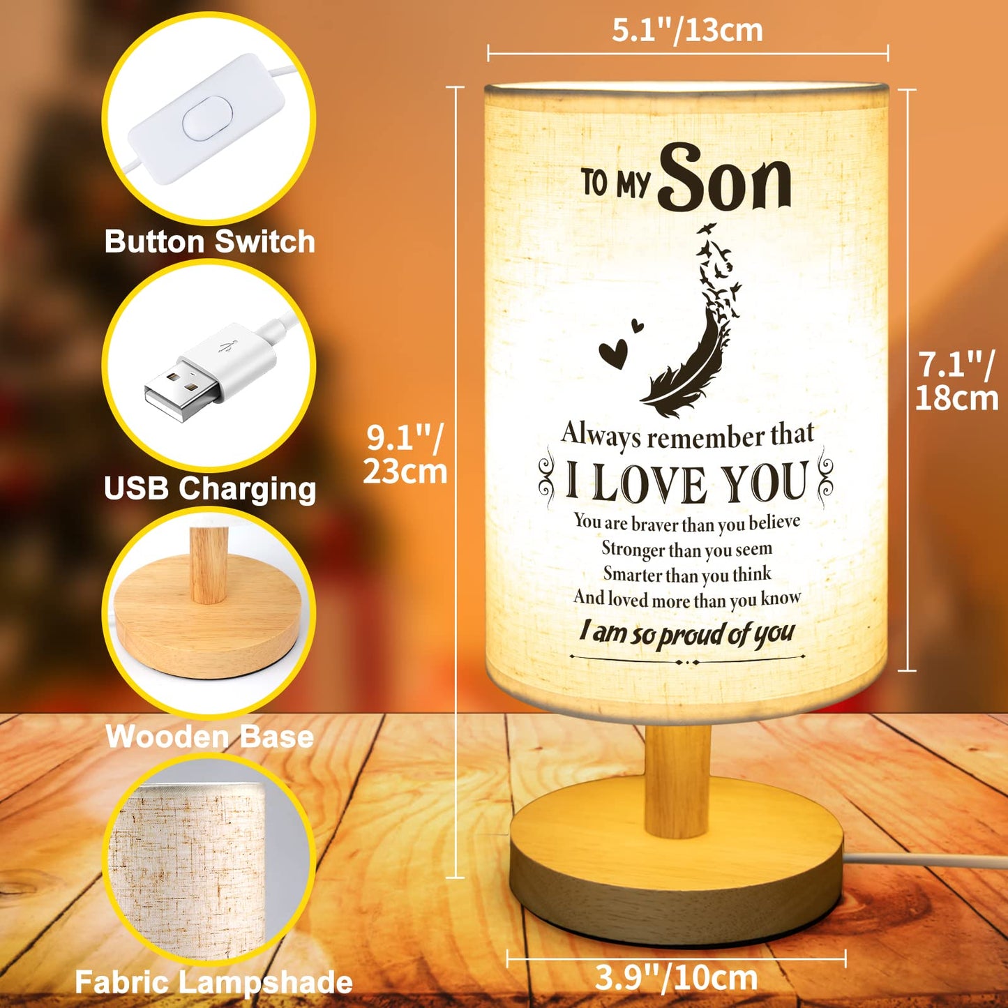 SOUHONEY Gifts for Son for Fathers Day from Mom Dad- Fabric Wooden Desk Lamp for Bedroom Living Room for Son Adult Graduation Season Gifts, Birthday Gifts, Back to School Gifts