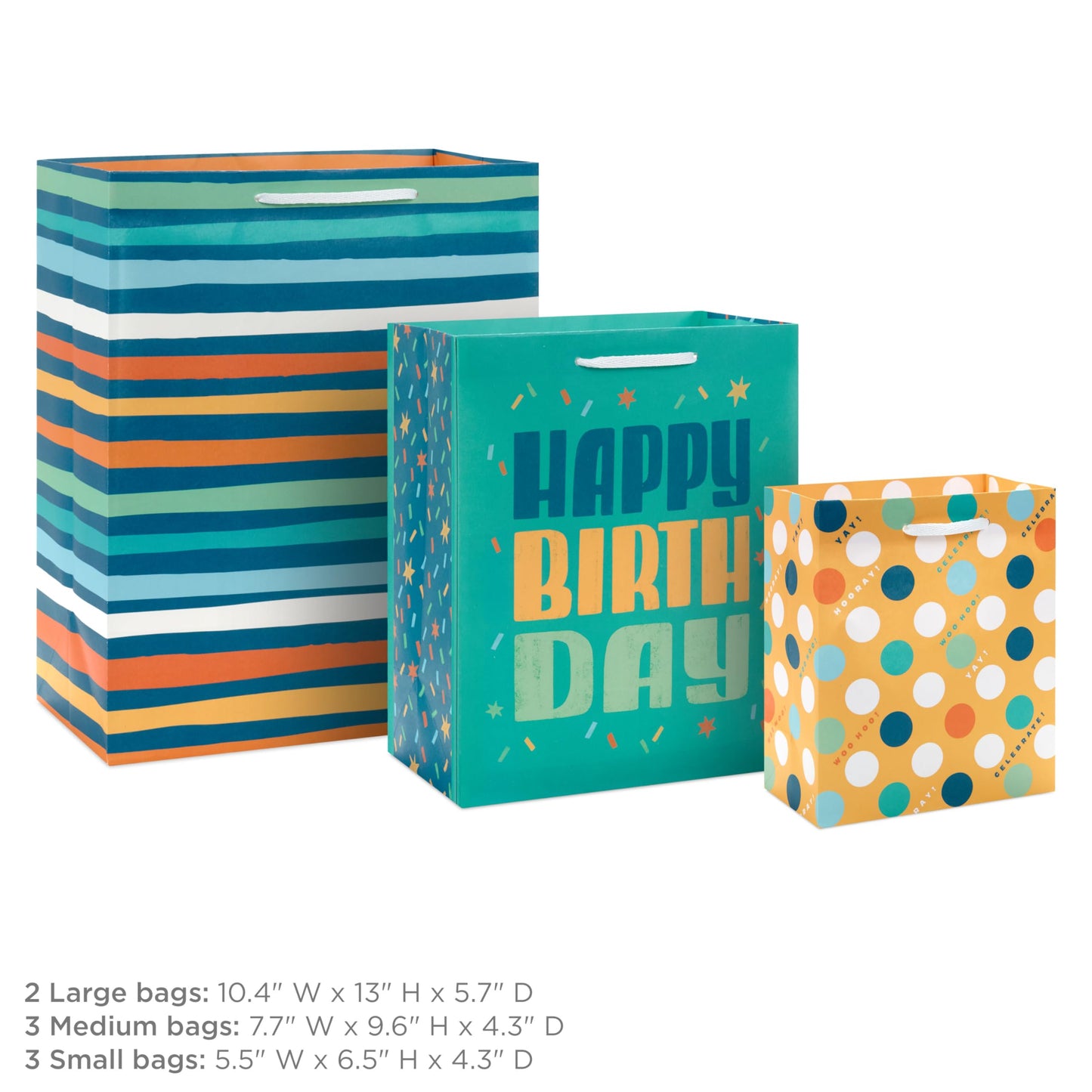 Hallmark Teal and Yellow Birthday Gift Bag Assortment (8 Bags: 3 Small 6", 3 Medium 9", 2 Large 13") Dots, Stripes, Happy Birthday