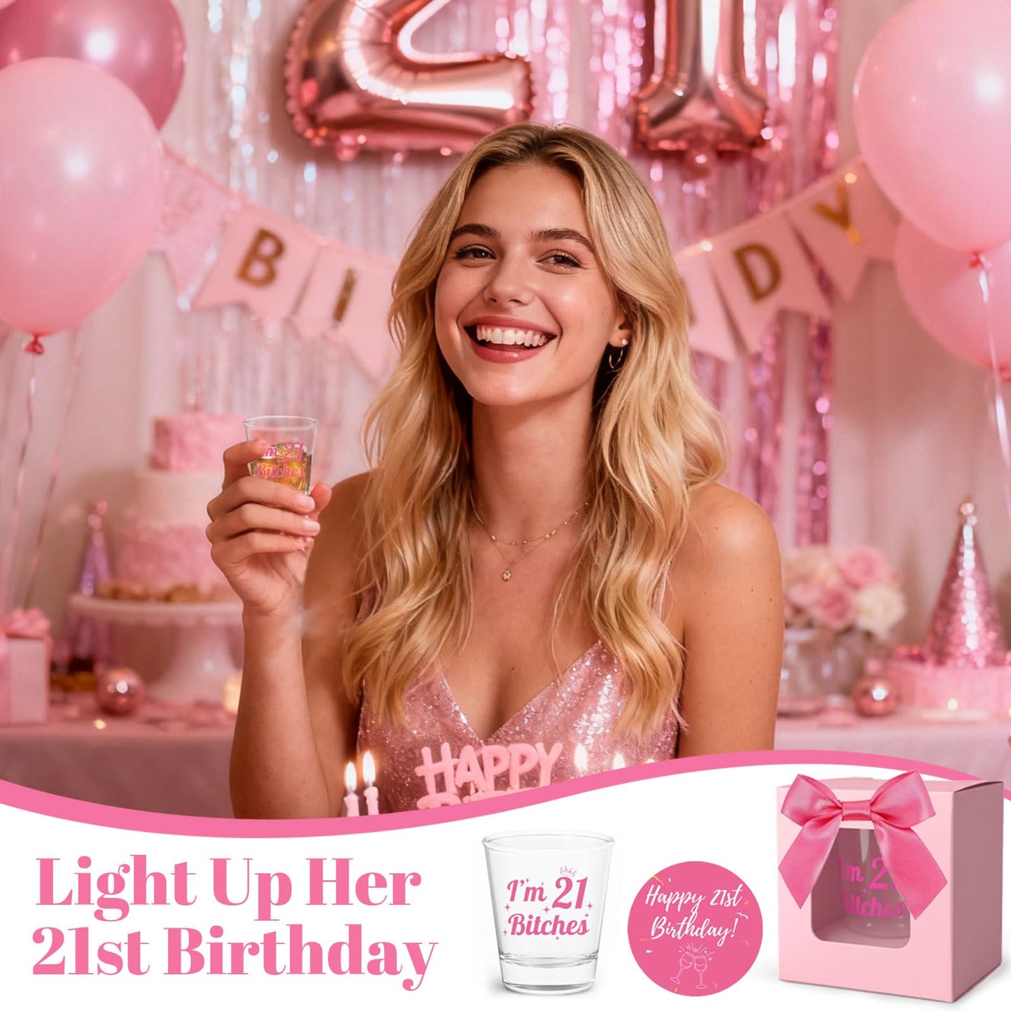 21st Birthday Shot Glass for Birthday Girl, Cool 21st Birthday Gifts, Turning 21 Present, Pink Shot Glasses, I'm 21, 2oz