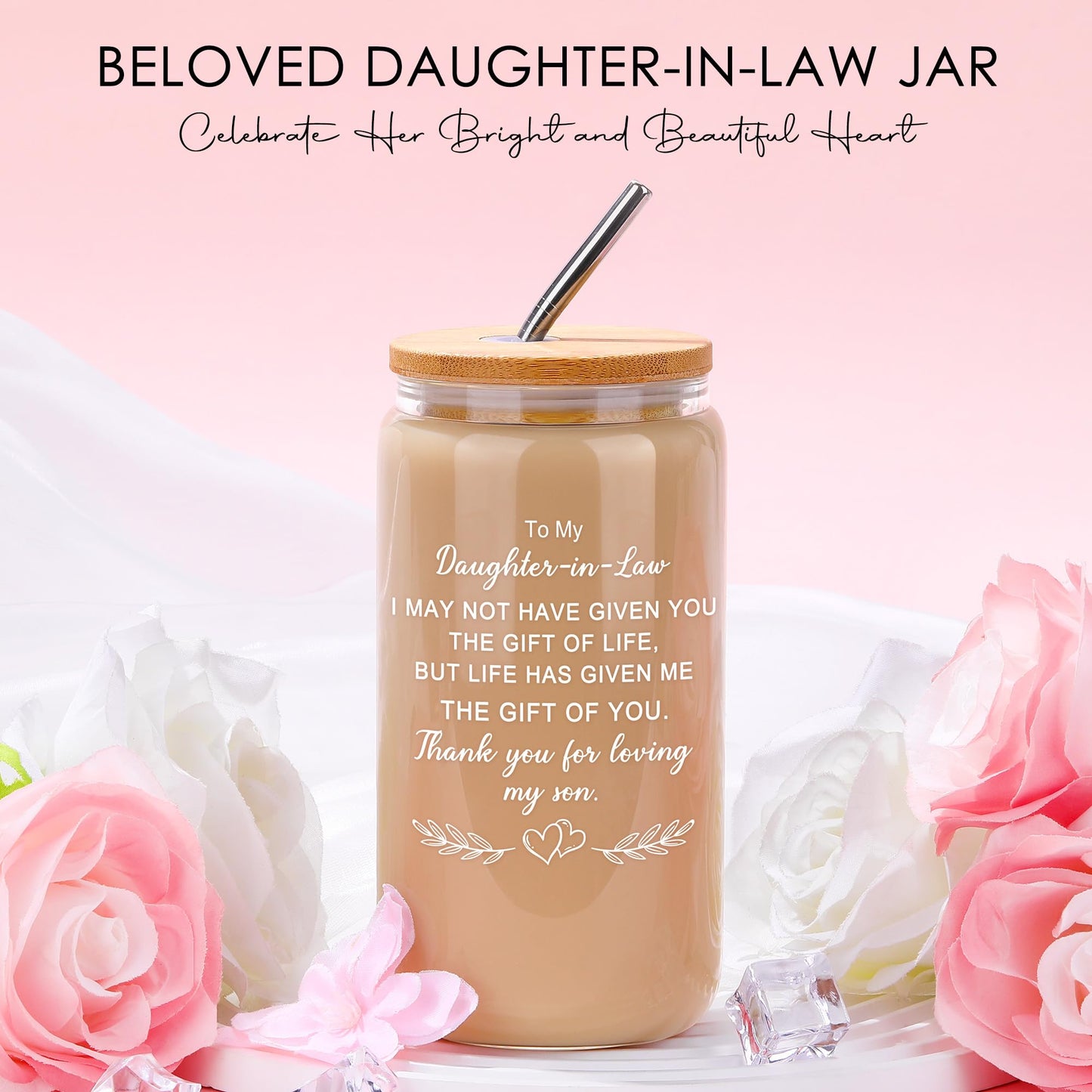 Saineron Daughter in Law Gifts from Mother in Law Future Daughter-in-Law Birthday Gifts Thoughtful Wedding Day, Anniversary, Happy Birthday Gift Includes Canvas Tote Bag, 16oz Glass Cup