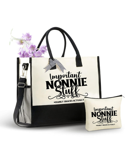 InnoBeta Nonnie Gifts Canvas Tote Bag for Grandma, Important NONNIE Stuff Bag with Top Zipper Closure and Shoulder Strap for Birthday, Mother's Day, Christmas