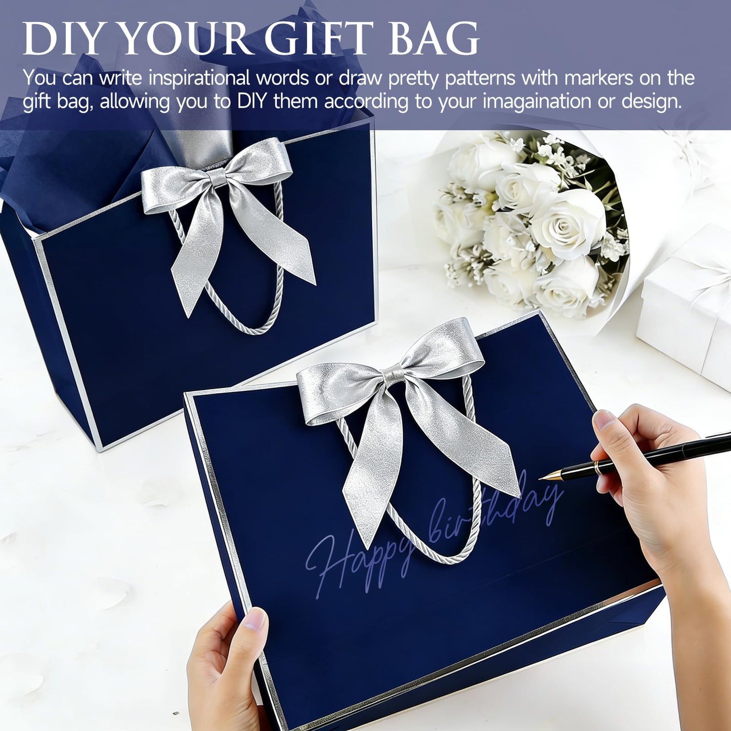 Ethhqu Fancy Large Gift Bags with Handles, 2 Pack 12.6x10x4 Inches - Includes Tissue Paper & Cards for Birthday, Valentine's Day, Baby Shower, Wedding, Anniversary & Holiday Gifts (Blue and Silver)