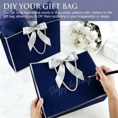 Ethhqu Fancy Large Gift Bags with Handles, 2 Pack 12.6x10x4 Inches - Includes Tissue Paper & Cards for Birthday, Valentine's Day, Baby Shower, Wedding, Anniversary & Holiday Gifts (Blue and Silver)