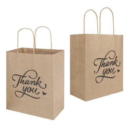 bagmad 100 Pack 8x4.75x10 Inch Medium Brown Paper Gift Bags with Handles Bulk, Thank You Kraft Paper Bags for Party Favors Grocery Retail Shopping Wedding Craft Sacks (Plain Natural, 100pcs Count)