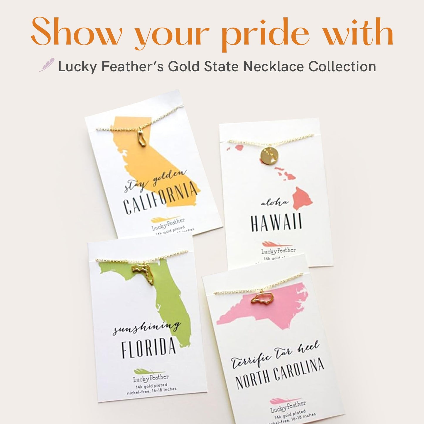Lucky Feather State Shaped Necklace | 14k Gold-Dipped Pendant Necklace | Easter Basket Stuffer | State Love Fashion Jewelry For Women | Dainty Necklace For Women | Great Gift Idea