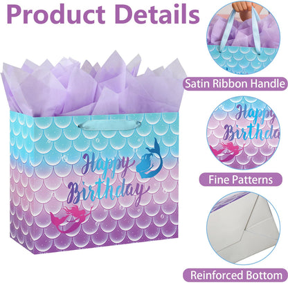 Yusenguan 13" Large Mermaid Happy Birthday Gift Bag with Tissue Paper, Greeting Card and Handle for Kids, Girls Birthday Party