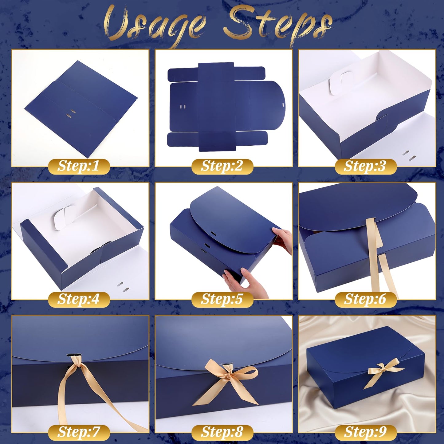 Yuanan 16 Pack Gift Box with Lid, 10.6×8×3 Inch Blue Gift Box Bulk Kraft Paper Unfold Bridesmaid Boxes with Gold Ribbon Boxes for Presents Square for Birthdays, Weddings, Graduation and Holidays