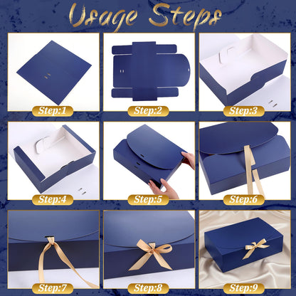 Yuanan 16 Pack Gift Box with Lid, 10.6×8×3 Inch Blue Gift Box Bulk Kraft Paper Unfold Bridesmaid Boxes with Gold Ribbon Boxes for Presents Square for Birthdays, Weddings, Graduation and Holidays