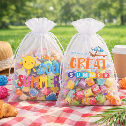 joycraft 30Pcs Summer Organza Bags - 4x6In End of School Year Drastring Gift Bags, 5 Style Have a Bright Summer Party Bags for Vacation, Graduation, Classroom, Office