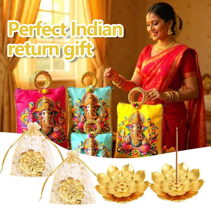 72 Pack Diwali Gifts Bulk, Lotus Incense Holder, Indian Return Gifts for Pooja Bulk, Gold Lotus Incense Sticks Holder with Organza Bags & Thank You Cards, Indian Return Gift (72 Pack)