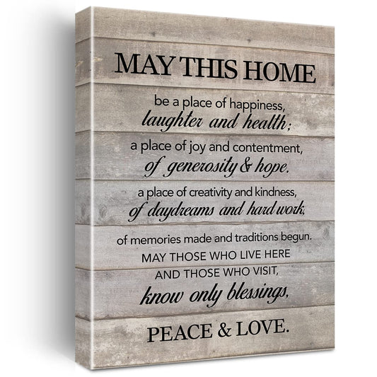 New Home Wall Art May This Home Be a Place of Happiness Canvas Print Inspirational Quote Framed Painting for Wall & Tabletop Decor Housewarming Gift